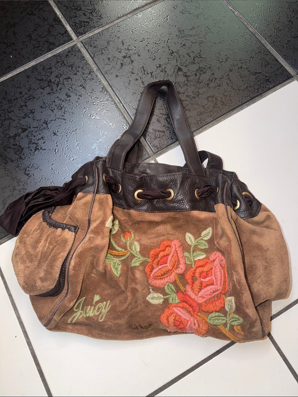 Juicy Couture Brown Terri Tote with Pink and Coral Rose Embroidery